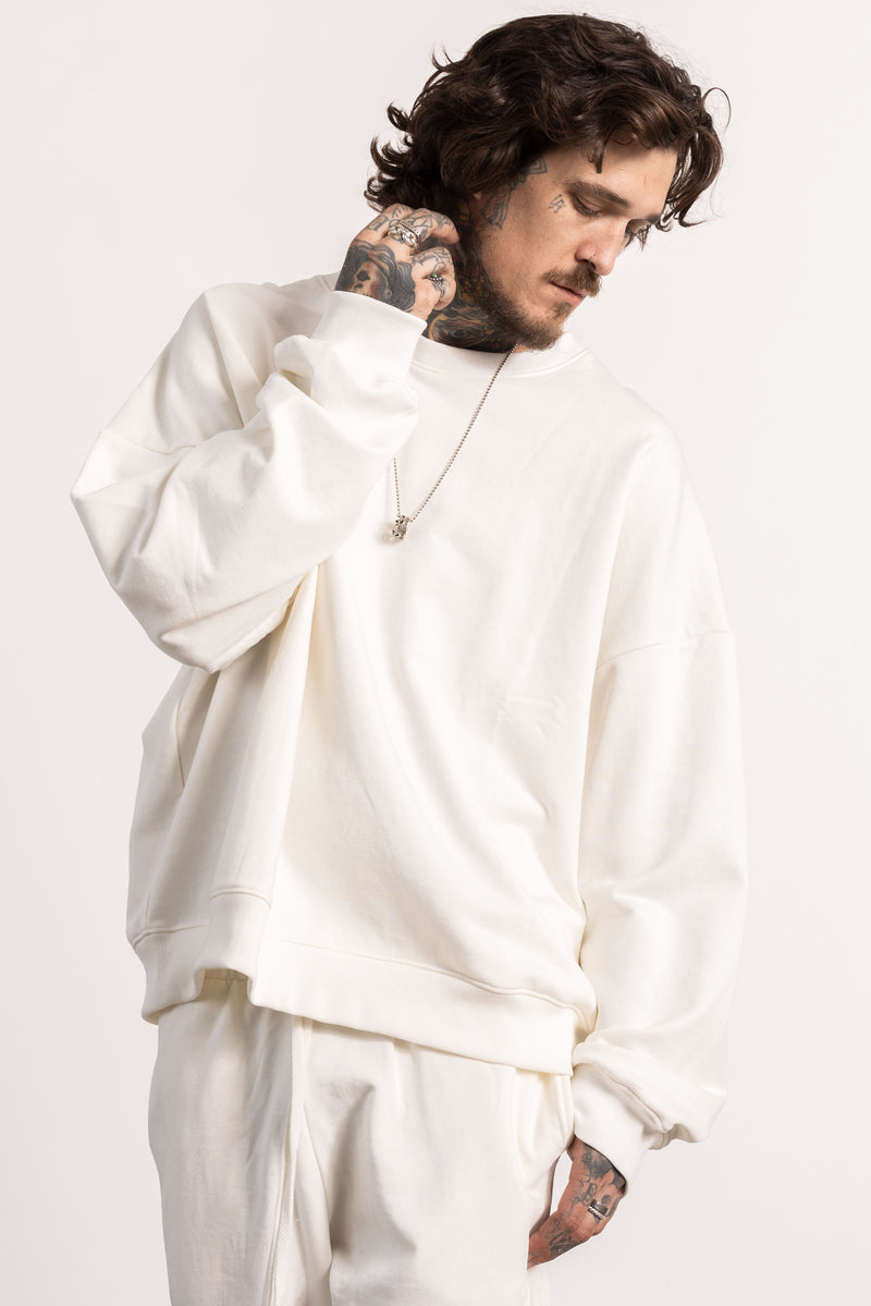 White male model with edgy style wearing a heavyweight cotton crewneck sweatshirt.