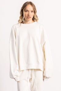 White female model with edgy style wearing a heavyweight Pima Cotton Crewneck Sweatshirt