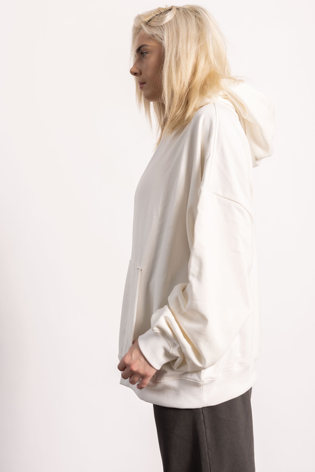 blonde model wearing pima sweatshirt