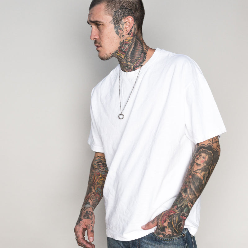 White male model with edgy style wearing a heavyweight cotton White Classic Fit Crew Neck T-shirt