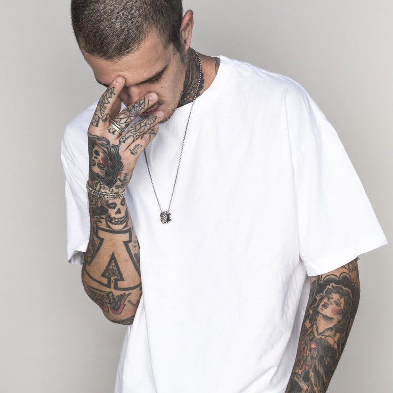 White male model with edgy style wearing a heavyweight cotton white Classic Fit Crew Neck T-shirt